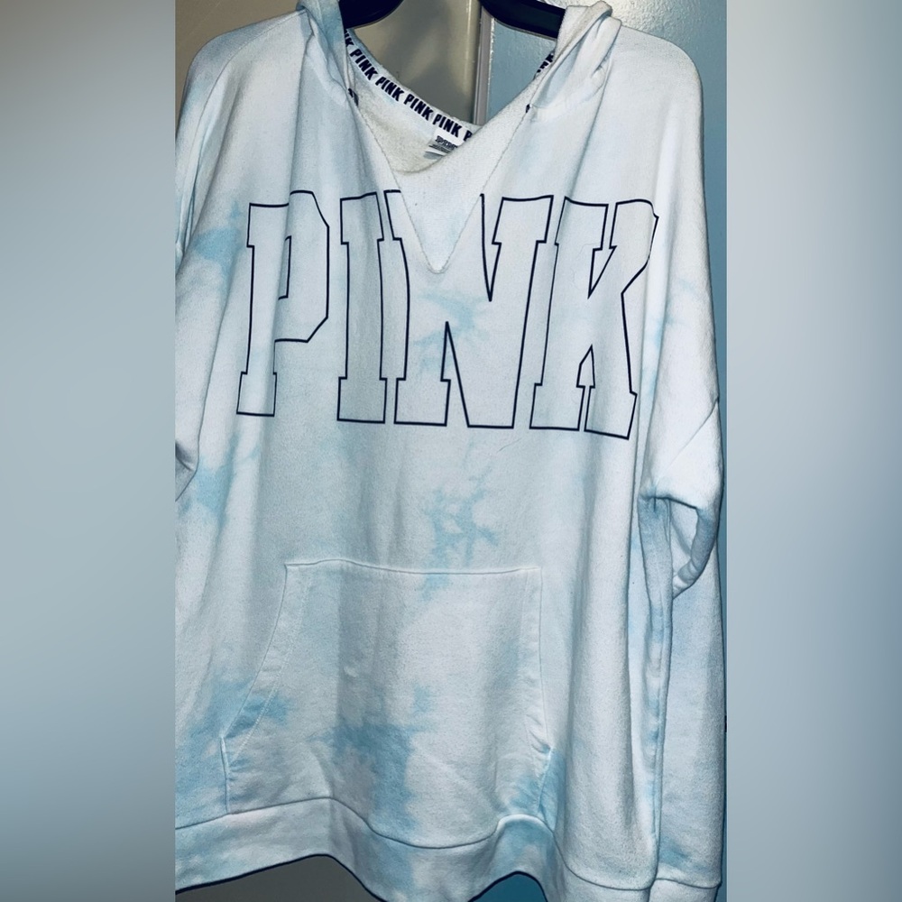 Victoria's Secret PINK          V-neck Blue and White Tie-Dye Hoodie - Picture 2 of 7